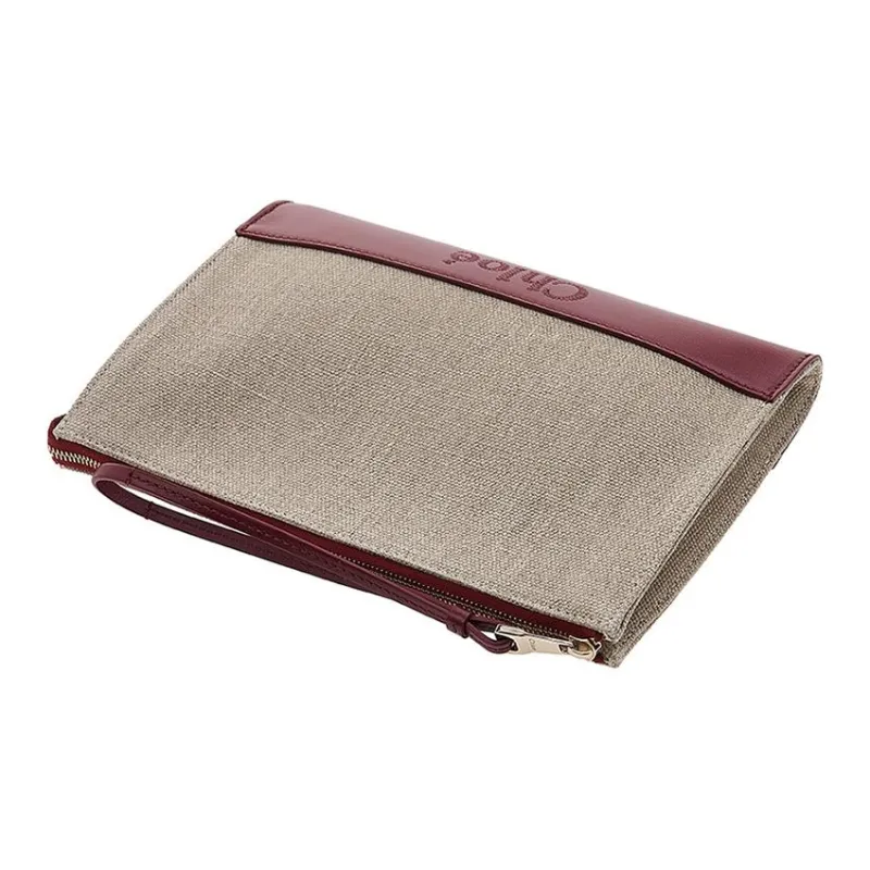 Chloe Linen With Shiny Calfskin Clutch Women's Gray & Burgundy-3