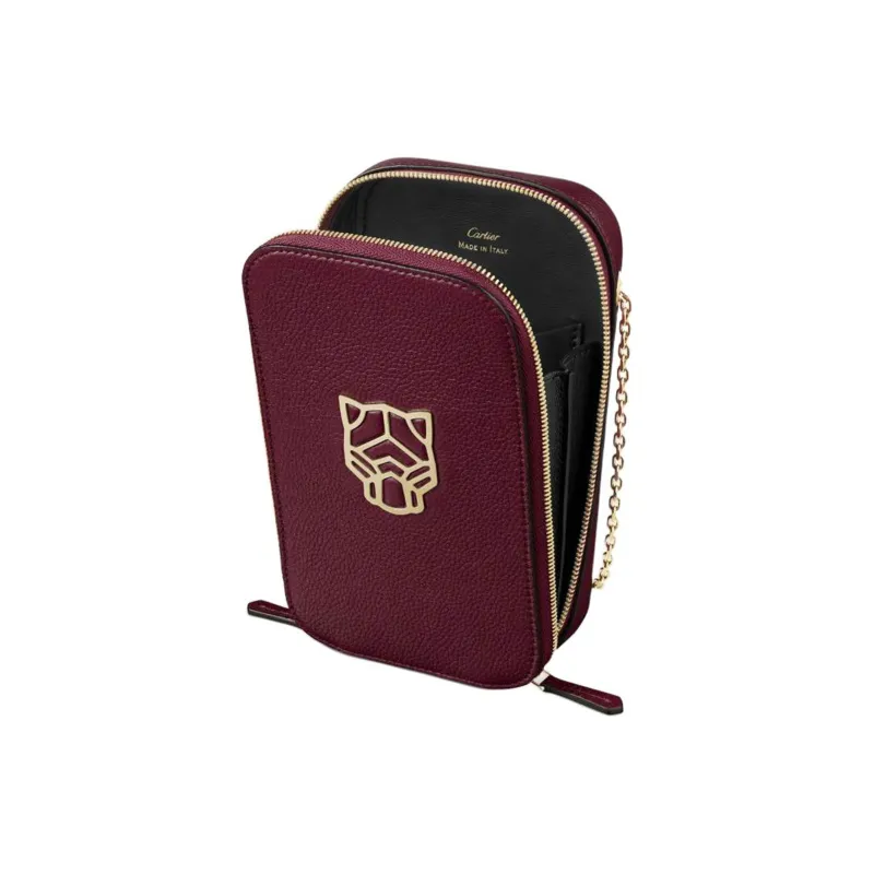 CARTIER PANTHÈRE Calfskin One Shoulder Crossbody Cell Phone Pouch Women's Burgundy-2