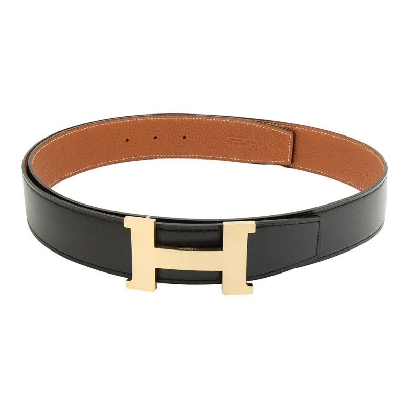 HERMES Togo Calfskin Leather Belts Men's Black/Gold Width 3.8cm-2