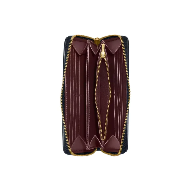 COACH Accordion Zip Canvas With Genuine Calfskin Wallet Small Size Women's Brass With Midnight Navy Color-1