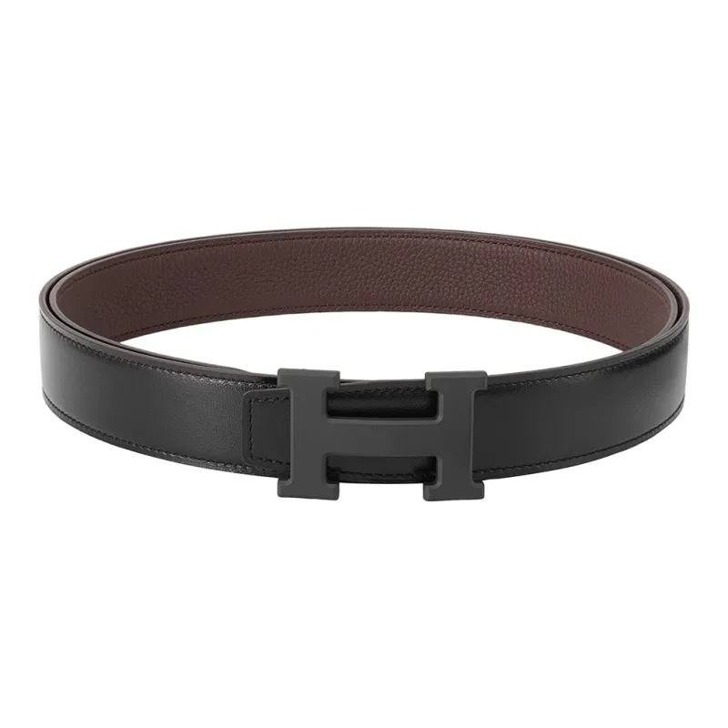 HERMES Togo Calfskin Leather Belts Men's Chocolate/Black Width  3.2cm-3