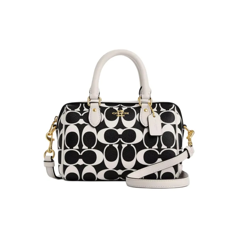COACH Rowan Canvas With Leather Handbag Shoulder Bag Crossbody Bag Mini Women's Gold & Black Multicolor-0