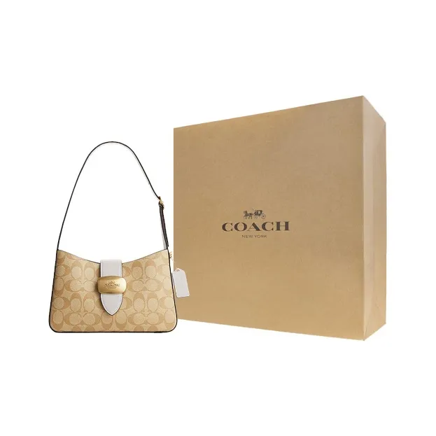 COACH Eliza Artificial Leather With Cow Split Leather One Shoulder Handbag Medium Size Women's Light Khaki-5