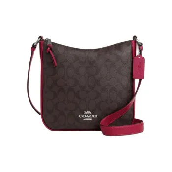 COACH Ellie Egg Stone Pattern Canvas With Leather File Bag Shoulder Bag Crossbody Bag Medium Size Women's Coffee & Red