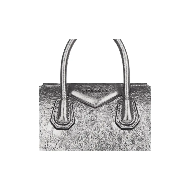 Givenchy Antigona Lambskin Shoulder Bag Crossbody Bag Handbag Mini Women's Silver Gray With Light Gray Accents-4