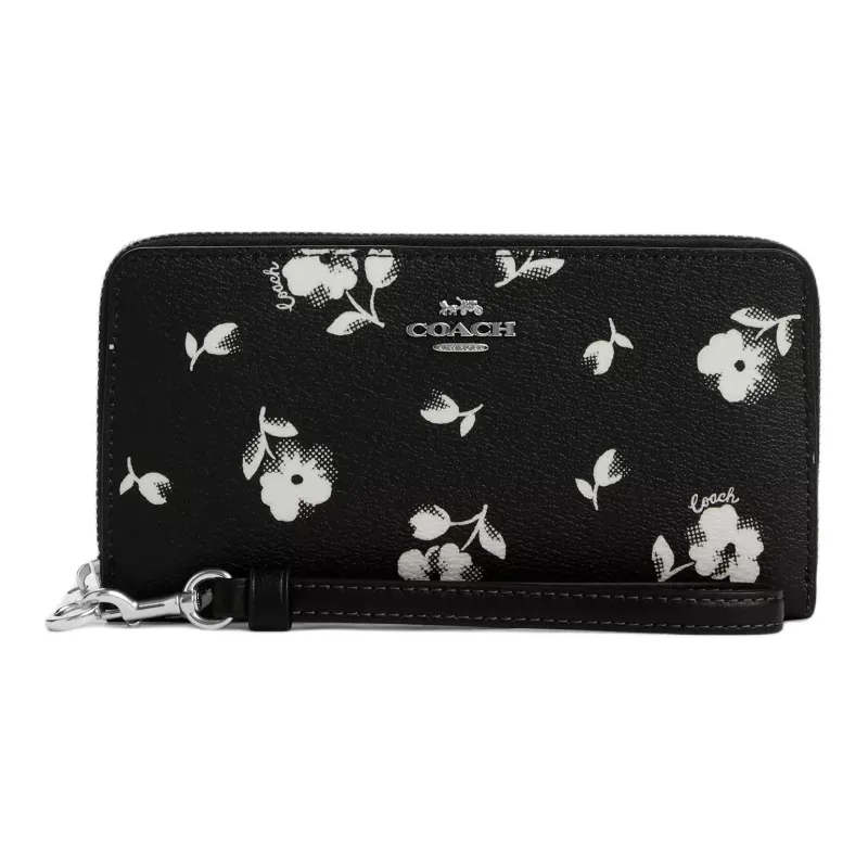 COACH Zip Around Coated Canvas With Smooth Leather Handheld Wallet Small Size Women's Black & Multicolor-0