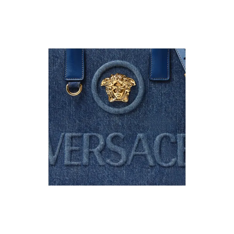 VERSACE La Medusa Denim Tote Bag Shopping Bag Shoulder Bag Crossbody Bag Handbag Small Size Women's Blue-4