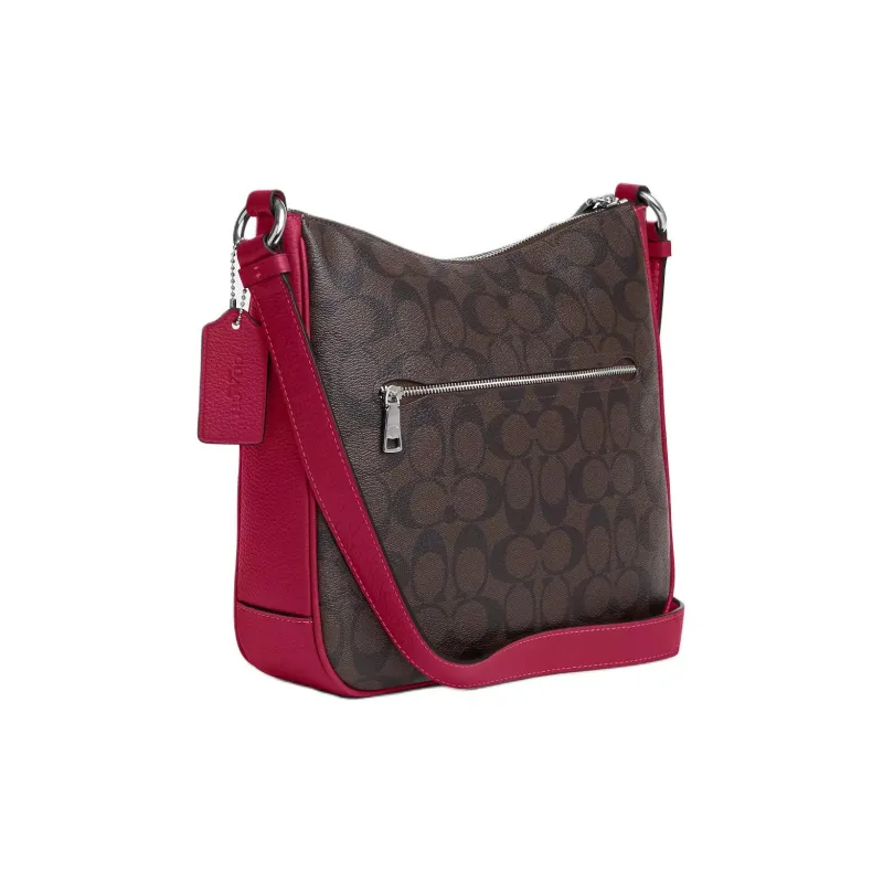 COACH Ellie Egg Stone Pattern Canvas With Leather File Bag Shoulder Bag Crossbody Bag Medium Size Women's Coffee & Red-1