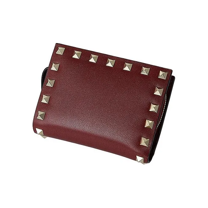 Valentino ROCKSTUD Cow Leather Wallet Small Size Women's Burgundy-3