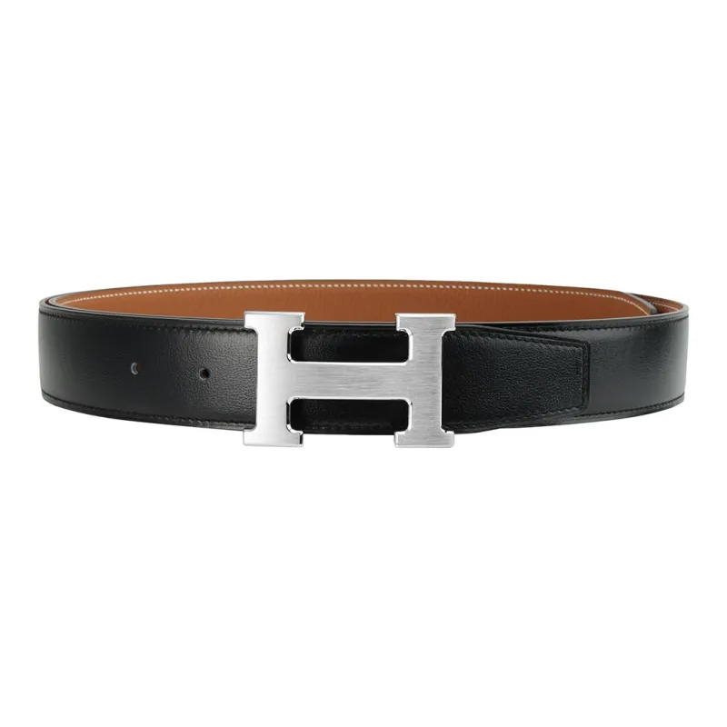 HERMES Classic Matte H Logo Silver Buckle Togo Calfskin Double-Sided Leather Belt Men's Black Brown Width: 3.2cm-2