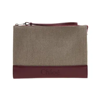 Chloe Linen With Shiny Calfskin Clutch Women's Gray & Burgundy