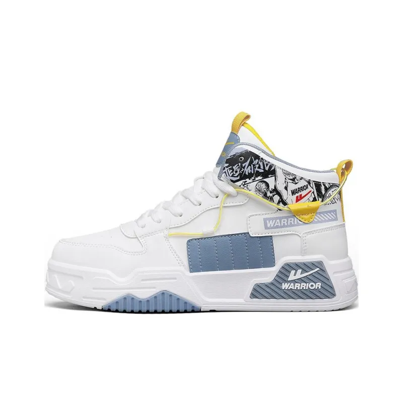 Warrior Cushioning Abrasion Resistant Lightweight Height Increasing Mat High Top Skateboard Shoes Men's White Blue Gray-0