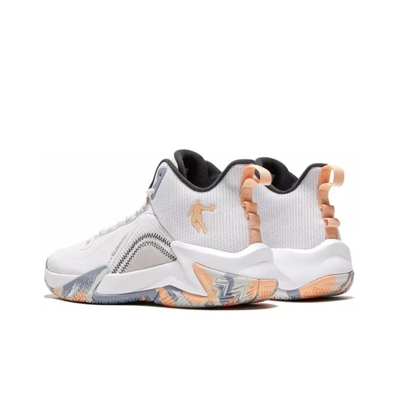QIAODAN Anti Slip Wear Resistant High Top Basketball Shoes Men's White Orange-3