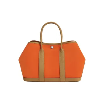 HERMES Garden Party Canvas With Leather Handbag Unisex Flame Orange & Khaki