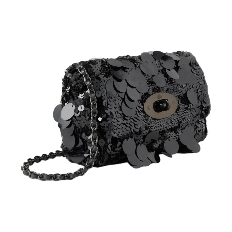 Mulberry Lily Sequins With Silk Fabric Crossbody Bag, Shoulder Bag Mini Women's Black-1