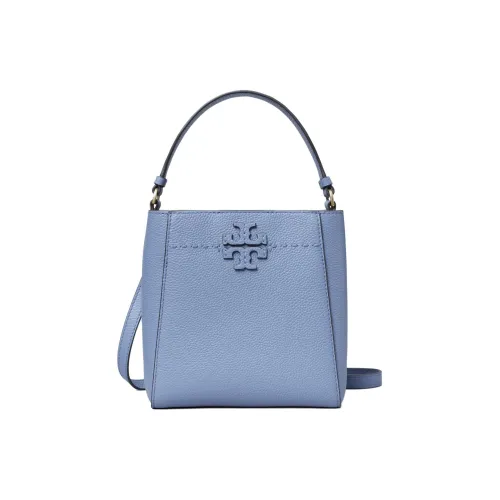 TORY BURCH McGraw Litchi Grain Leather Bucket Bag, One Shoulder Handbag Small Size Women's Blue Wood Color