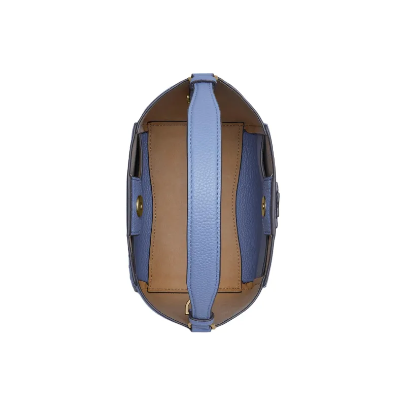 TORY BURCH McGraw Litchi Grain Leather Bucket Bag, One Shoulder Handbag Small Size Women's Blue Wood Color-6