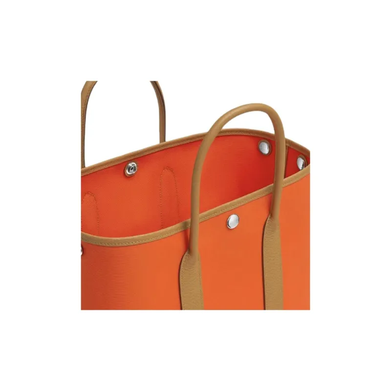 HERMES Garden Party Canvas With Leather Handbag Unisex Flame Orange & Khaki-2