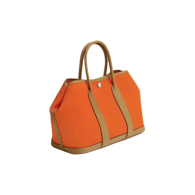 HERMES Garden Party Canvas With Leather Handbag Unisex Flame Orange & Khaki-1