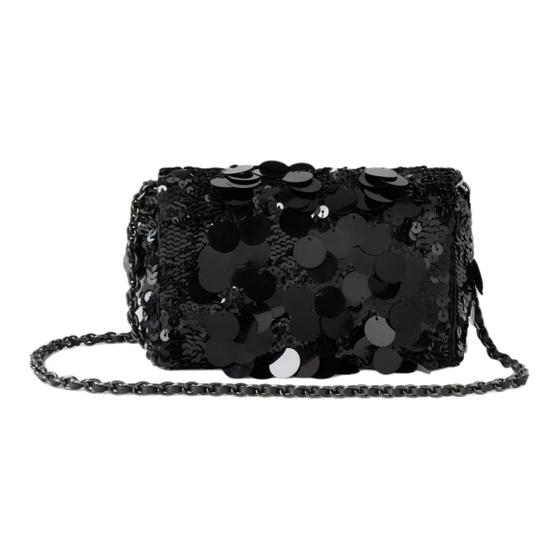 Mulberry Lily Sequins With Silk Fabric Crossbody Bag, Shoulder Bag Mini Women's Black-2