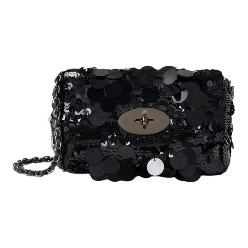 Mulberry Lily Sequins With Silk Fabric Crossbody Bag, Shoulder Bag Mini Women's Black-0