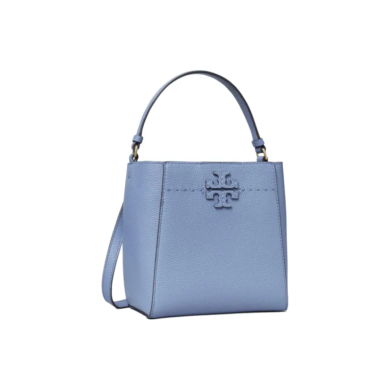 TORY BURCH McGraw Litchi Grain Leather Bucket Bag, One Shoulder Handbag Small Size Women's Blue Wood Color-2