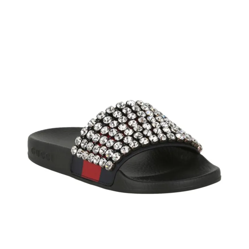 GUCCI Crystal Embellished Web Slide Black Blue Red Women's-2