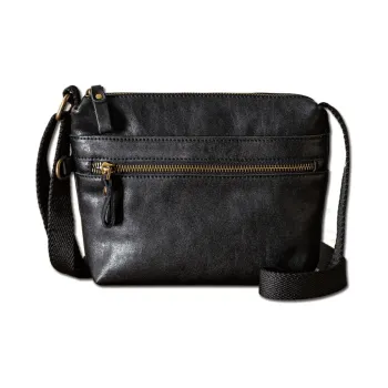 Back Step Top Grain Vegetable Tanned Cow Leather Shoulder Bag Regular Unisex Black