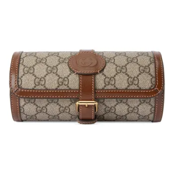 GUCCI Canvas With Leather Wrist Watch Box Storage Bag Men's Beige & Ebony