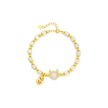 SEVEN COOK S925 Silver Hetian Jade Fortune Bead Bracelet Women's Pale Greenish-White Jade