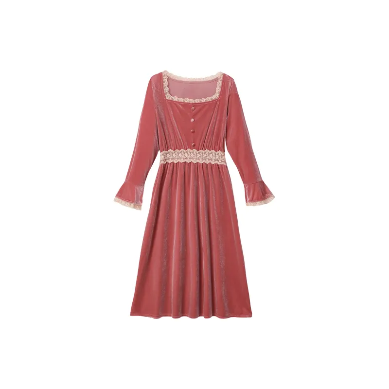 Flowers In Water Pleuche Nightgown Home Dress Women's Gray Blue-2