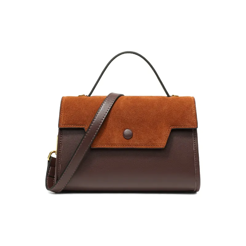 Teenmix Cow Leather Kelly Bag, One Shoulder Handbag Trumpets Women's Khaki/Black/Red Brown-6