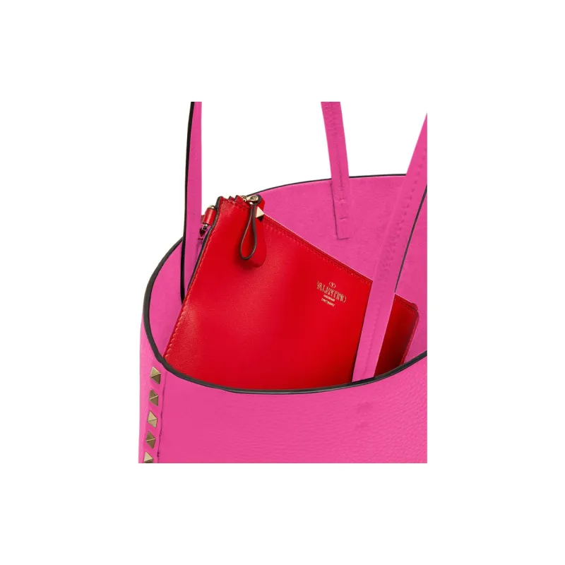 Valentino GARAVANI ROCKSTUD Grained Calfskin Tote Bag Shopping Bag Shoulder Bag Handbag Women's Fuchsia With Sunflower-3