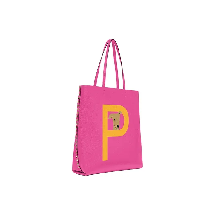 Valentino GARAVANI ROCKSTUD Grained Calfskin Tote Bag Shopping Bag Shoulder Bag Handbag Women's Fuchsia With Sunflower-1