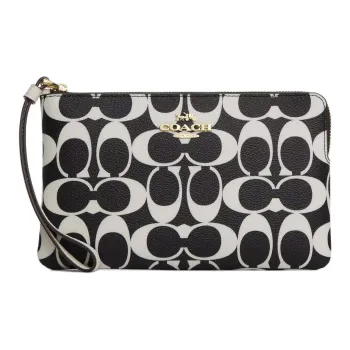 COACH Corner ZipWristlet Coated Canvas With Smooth Leather Wrist Bag Mahjong Clutch Small Size Women's Black