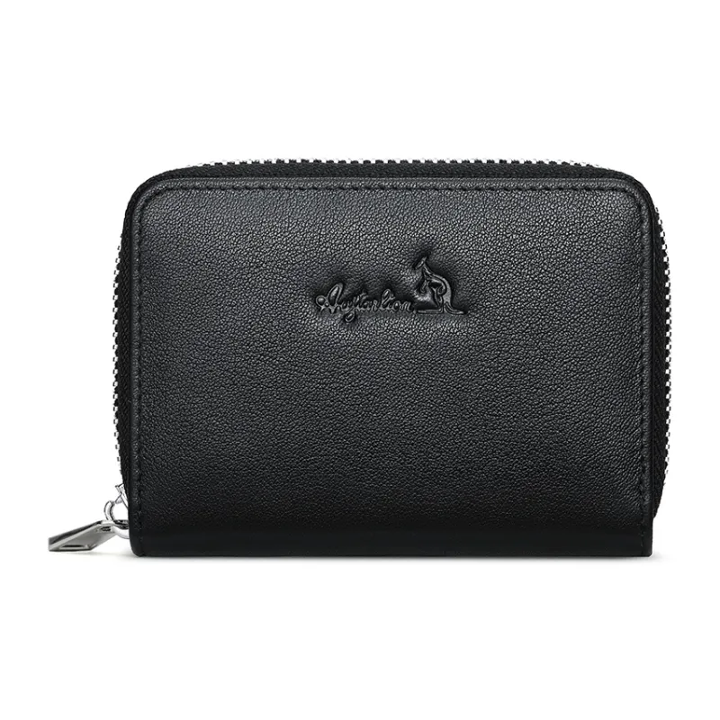 AUGTARLION Cow Leather Zip Closure Small Bag Card Holder Unisex Black-0