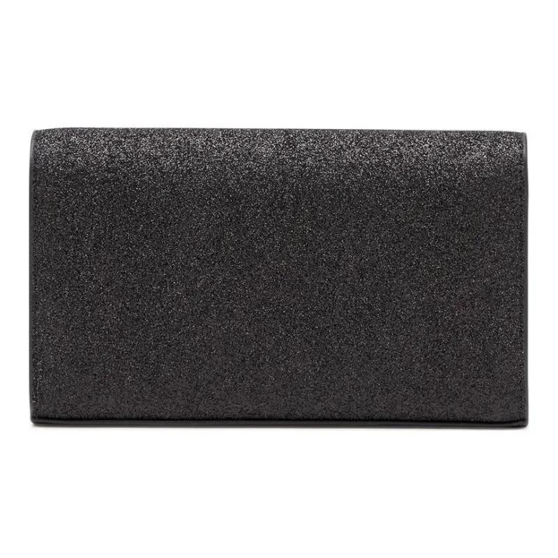 DIESEL Double Glitter Fabric With Cow Leather Patchwork Wallet Large Size Women's Black-3