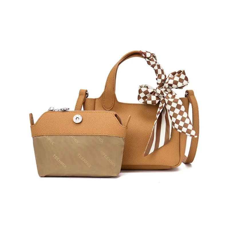 Teenmix Cow Leather Bucket Bag, Shoulder Bag, Handbag Women's Milk Tea/Yellow Brown-10