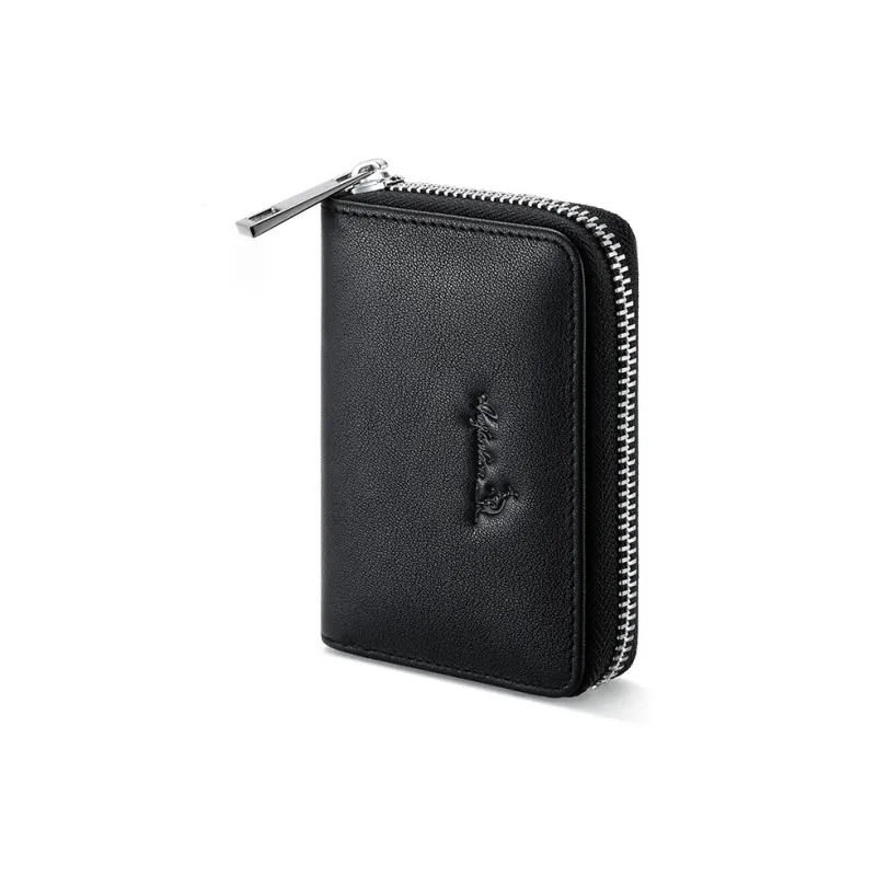 AUGTARLION Cow Leather Zip Closure Small Bag Card Holder Unisex Black-1