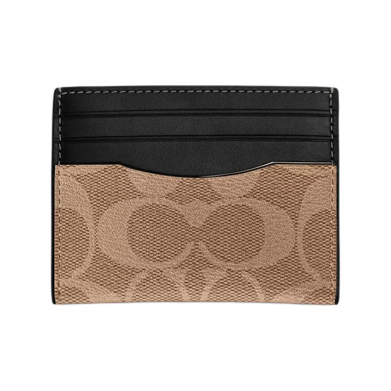 COACH Card Case Coated Canvas With Refined Calfskin ID Card Holder Card Holder Unisex Bronze & Tan-0