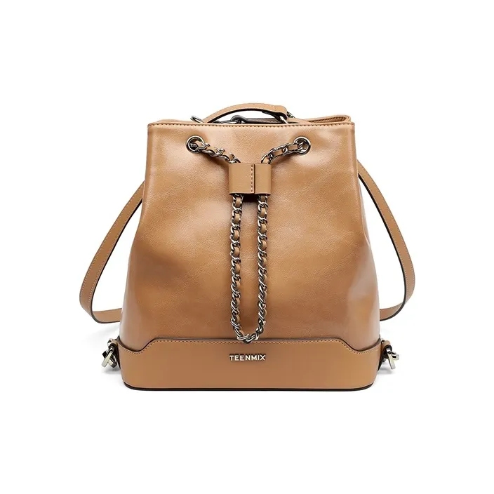 Teenmix Cow Leather Backpack Medium Size Women's Camel/Black-4