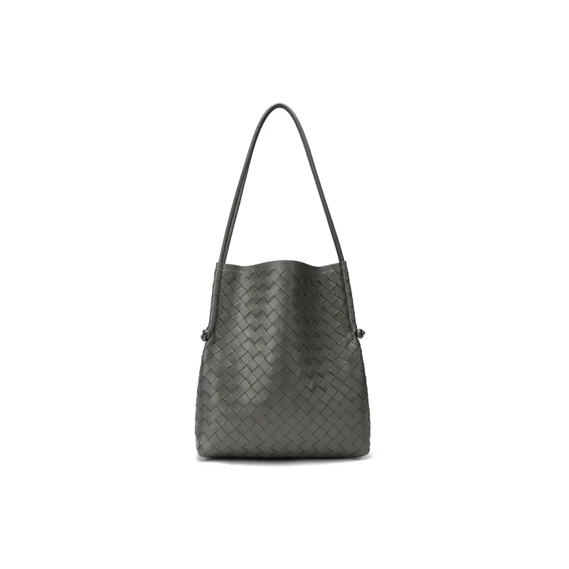 ROBERTA DI CAMERINO Sheepskin Large Capacity Bucket Bag Underarm Shoulder Bag Tote Bag Mom Bag Women's Black/Steel Gray-6