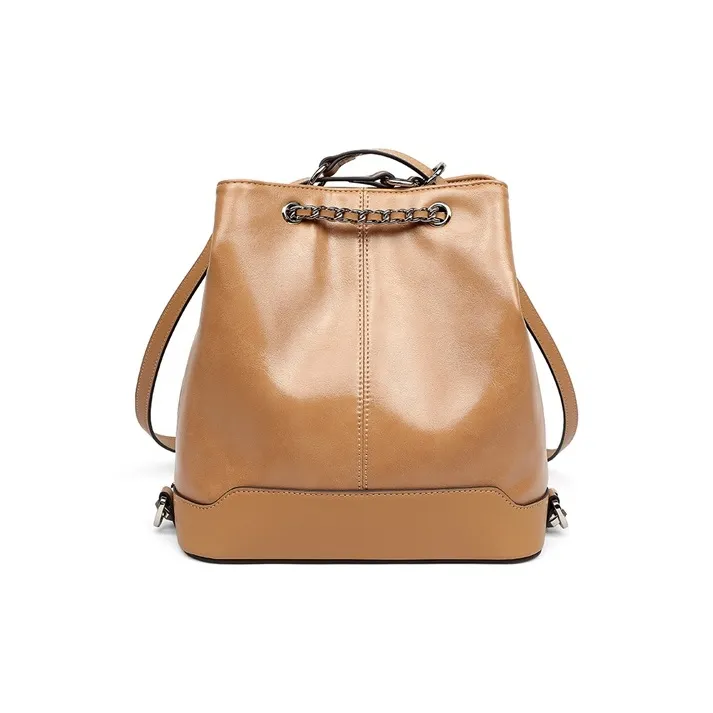 Teenmix Cow Leather Backpack Medium Size Women's Camel/Black-5