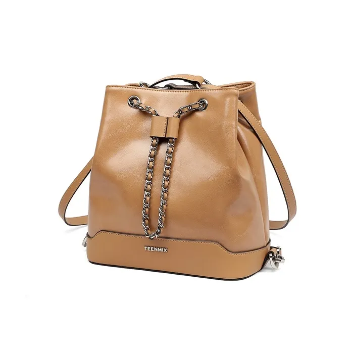 Teenmix Cow Leather Backpack Medium Size Women's Camel/Black-7