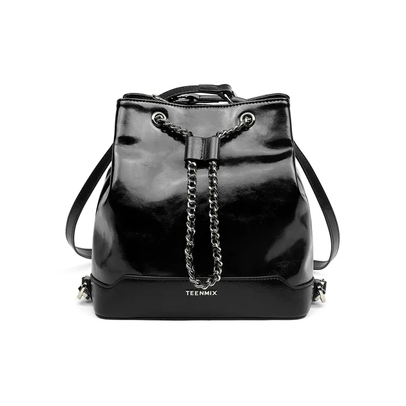 Teenmix Cow Leather Backpack Medium Size Women's Camel/Black-0