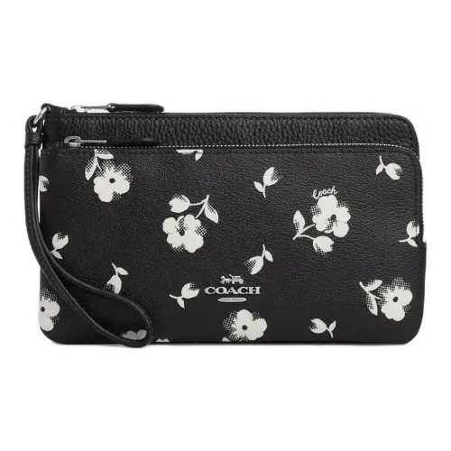 COACH Double Zip Wallet Coated Canvas With Genuine Stone Grain Leather Wallet Unisex Silver & Black Multicolor
