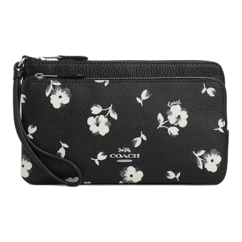 COACH Double Zip Wallet Coated Canvas With Genuine Stone Grain Leather Wallet Unisex Silver & Black Multicolor-0