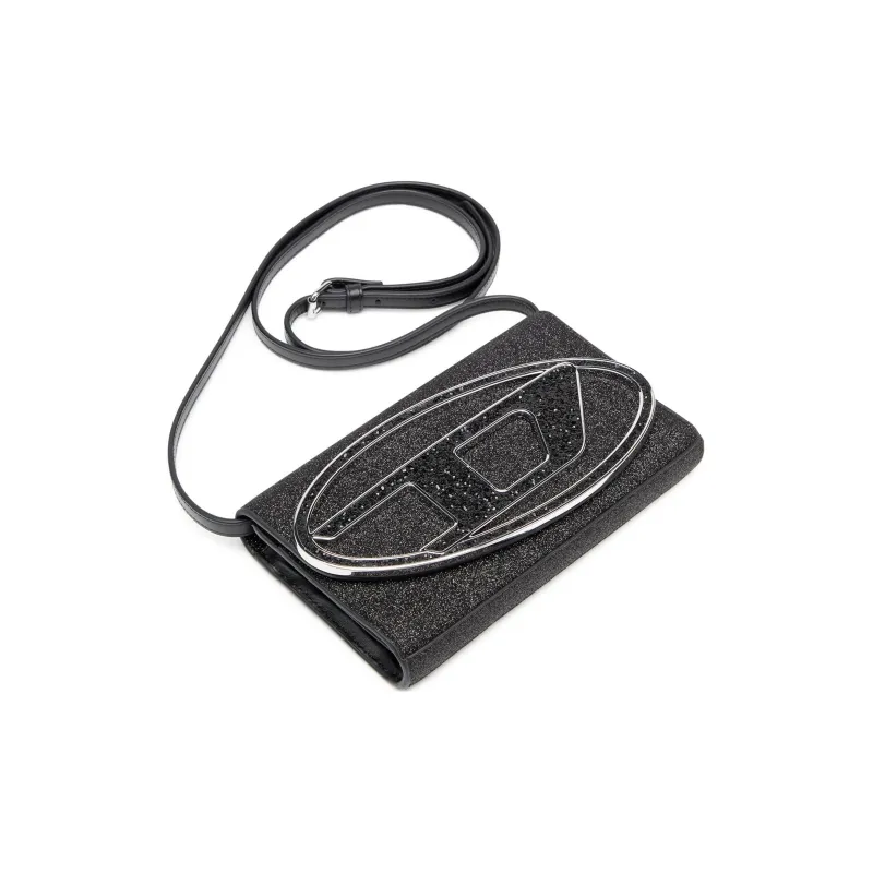 DIESEL Double Glitter Fabric With Cow Leather Patchwork Wallet Large Size Women's Black-1