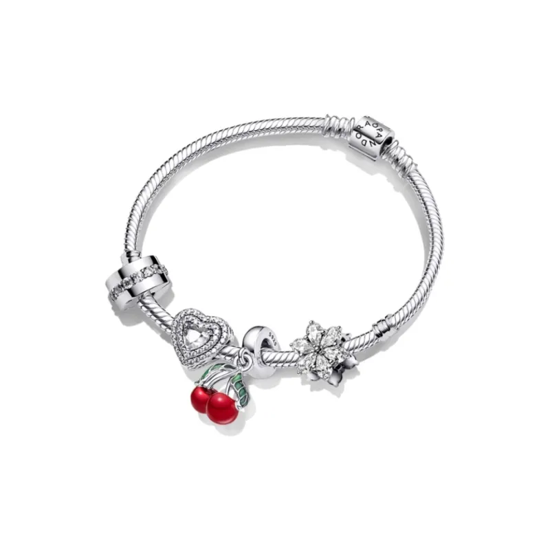 Pandora 925 Sterling Silver Synthetic Cubic Zirconia Glass Bracelets Women's Silver/Red-2