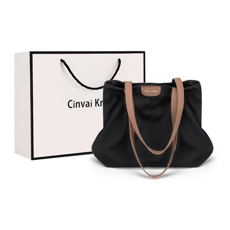 CinvaiKrose Fabric Canvas Bag, Shoulder Bag, Tote Bag, Shopping Bag Tubas Women's Ecru/Black-5